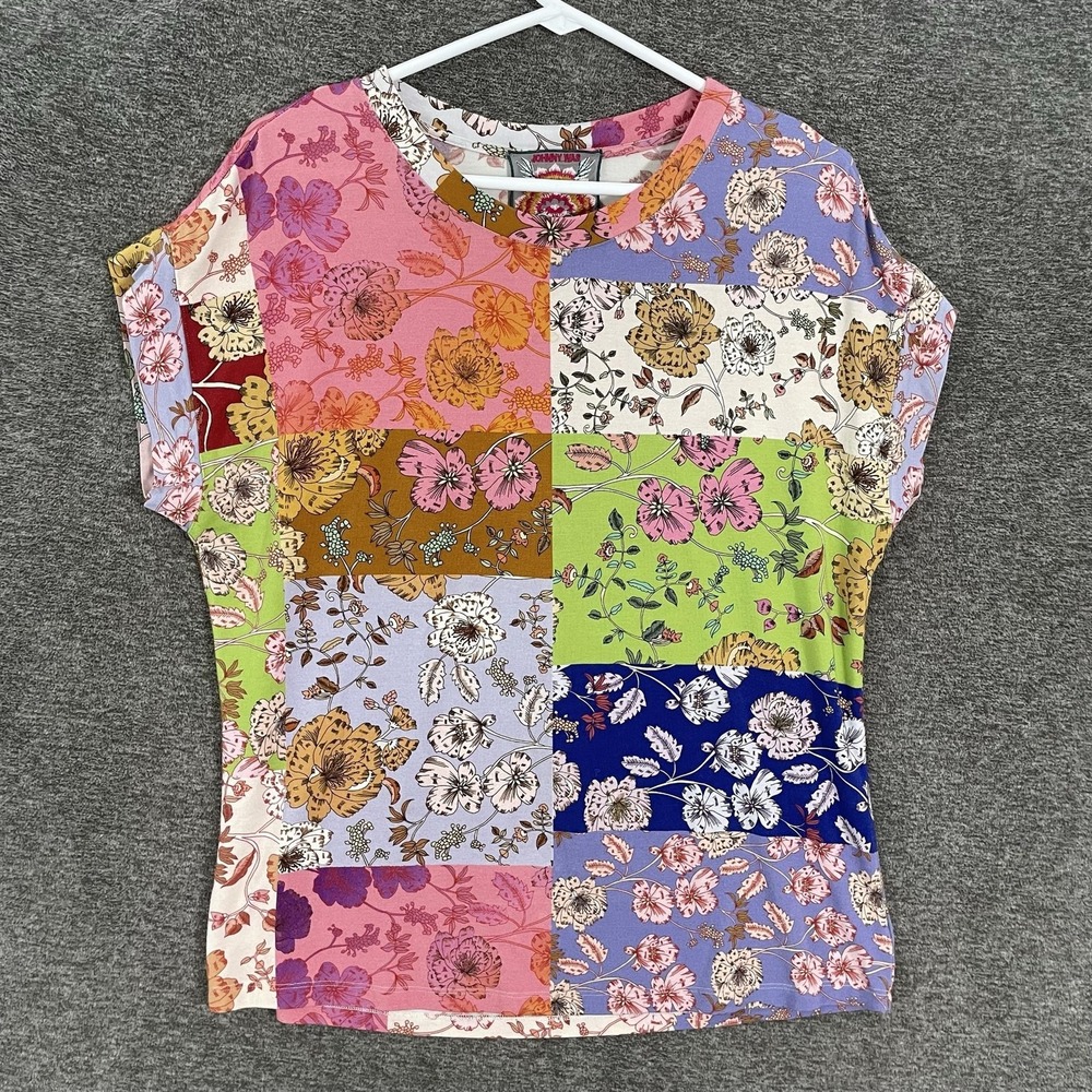 Johnny Was Cosmo Shirt Small Multicolor Floral Patchwork Jersey Tee Bamboo